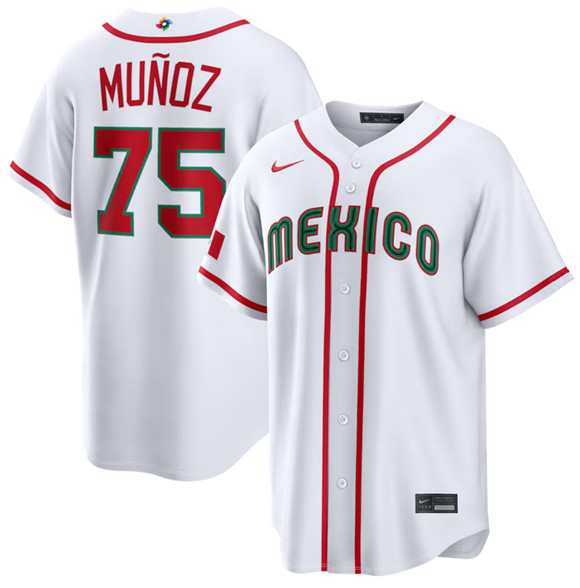 Men's Mexico Baseball #75 Andrés Muñoz White 2026 World Baseball Classic Home Stadium Stitched Jersey